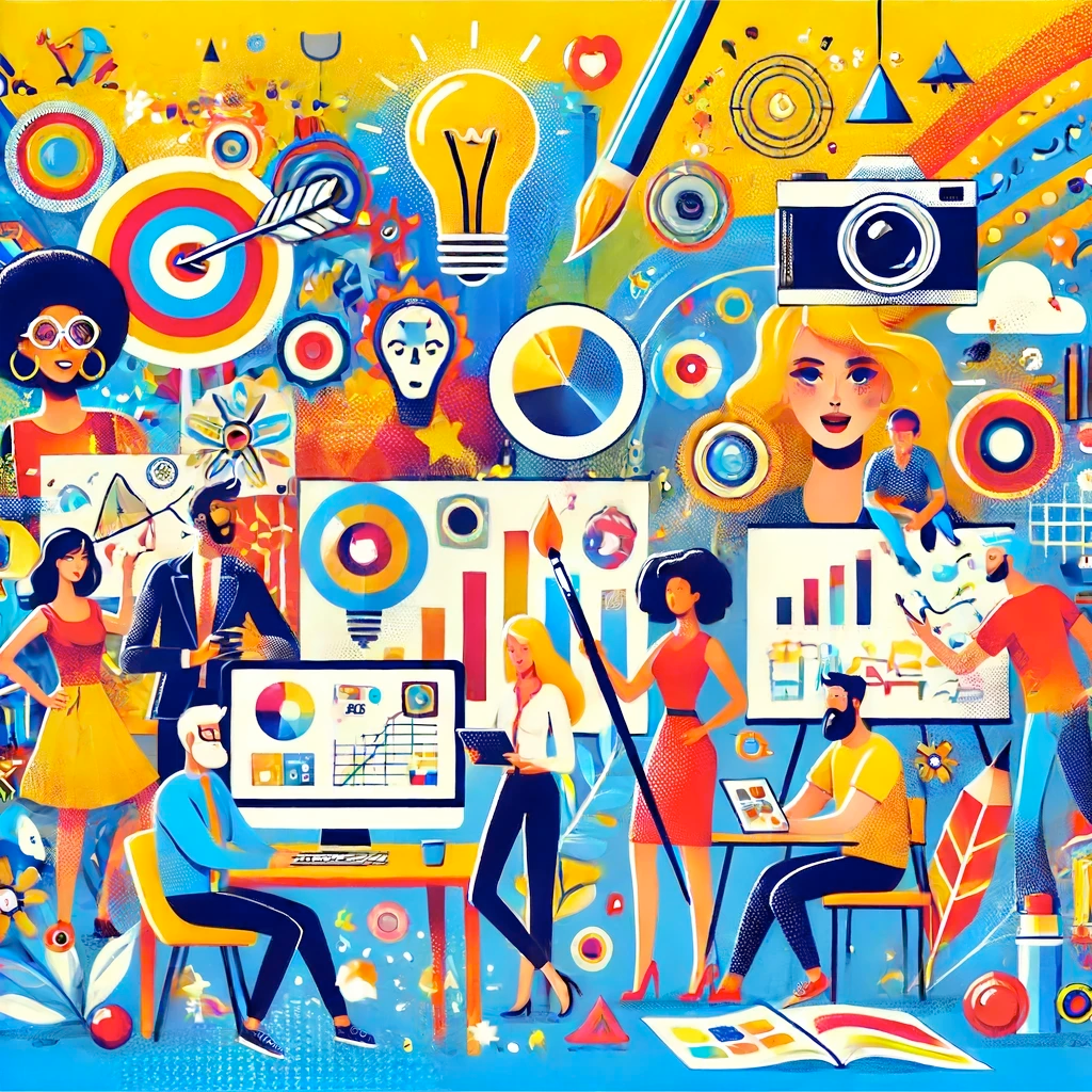 Diverse characters participating in a creative contest, taking photos, drawing digital images, and creating infographics on computers, depicted in a colorful and whimsical corporate Memphis style.