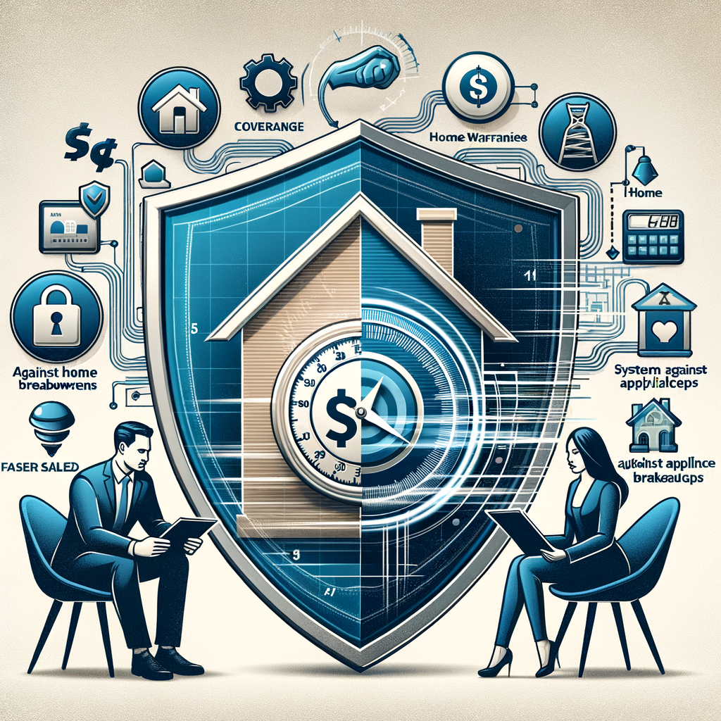Alt text: Illustration depicting home warranties as a shield protecting a house, symbolizing financial coverage for system and appliance wear. Icons represent benefits such as increased sale speed and price, with figures negotiating terms.