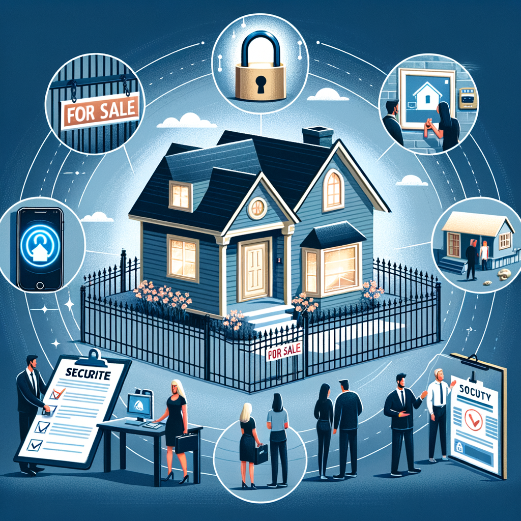 Illustration of home sale security: A blue house with a 'For Sale' sign, surrounded by icons representing smart tech, screening buyers, valuables security, and professional advice.