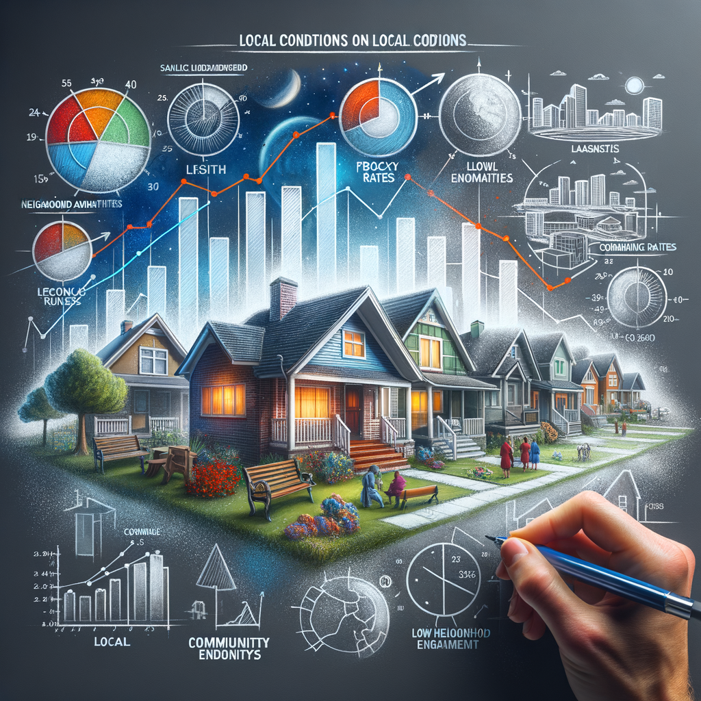 Alt text: Illustration of a neighborhood with houses and residents engaging outdoors, overlaid with graphs and charts representing various factors like crime rates, economy, and community engagement, influencing local real estate trends.