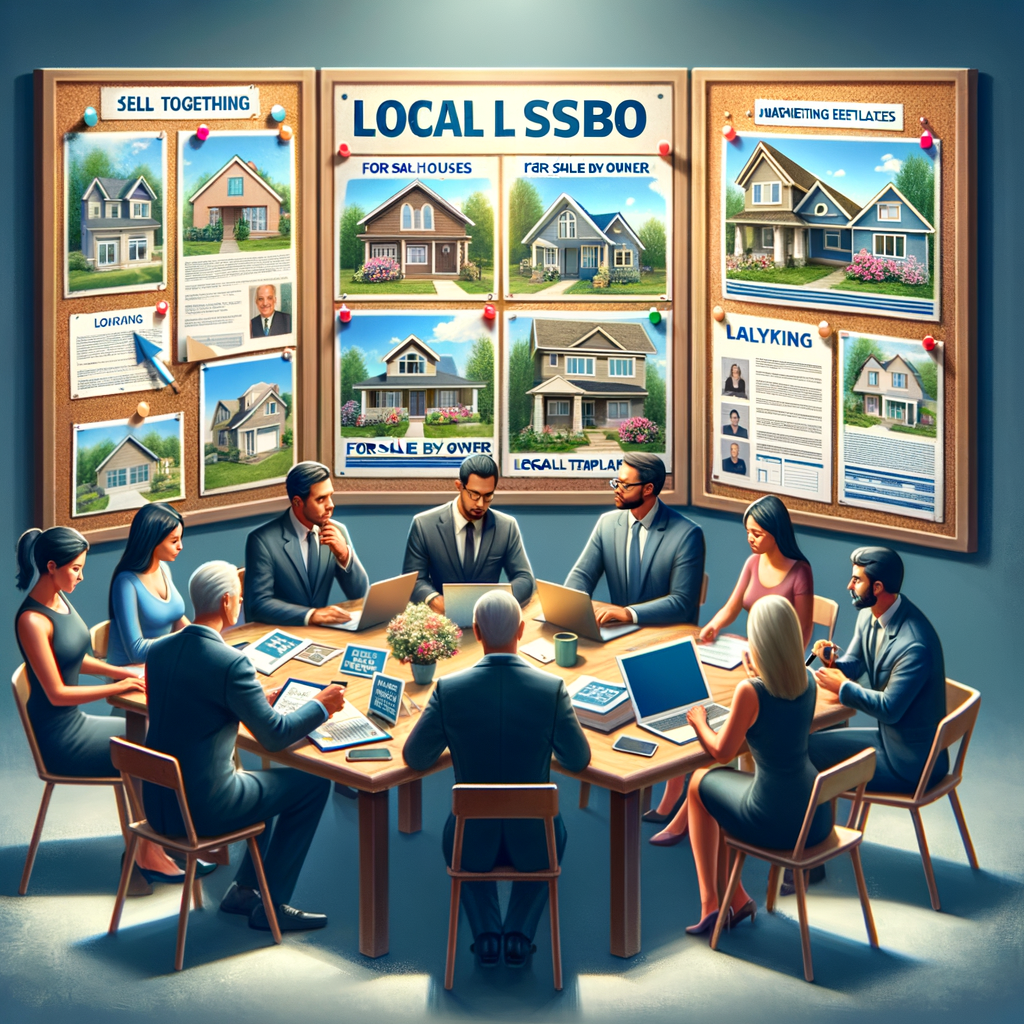 Illustration of a group of people around a table discussing FSBO properties, with bulletin boards featuring homes and marketing resources in the background.