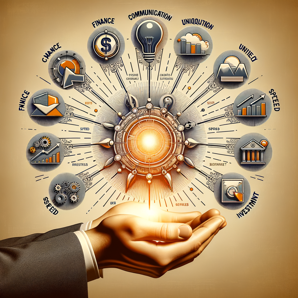 Alt text: Illustration of a hand presenting a symbolic mechanism with icons representing key motivations in FSBO sales, such as finance, communication, uniqueness, speed, and investment, linked to a central glowing core.