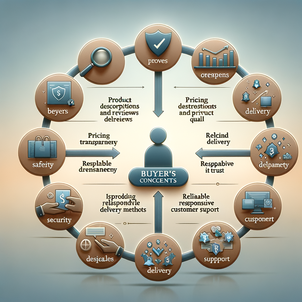 Alt text: Infographic illustrating strategies to alleviate buyer concerns, including detailed product descriptions, pricing transparency, security, reliable delivery, and responsive customer support. Central figure labeled "Buyer's Concerns" connected to various icons representing these strategies.
