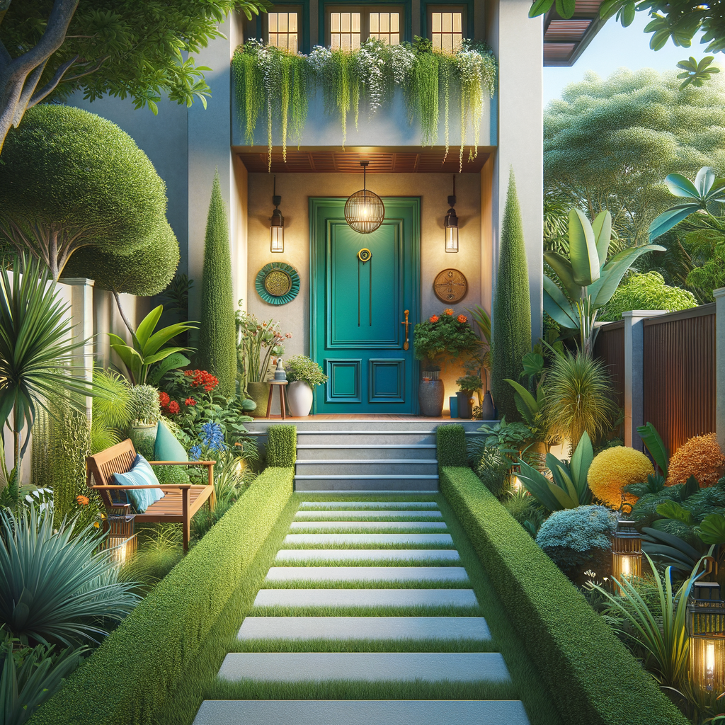 Alt text: A welcoming home entrance with a bold teal front door, surrounded by lush greenery and colorful plants. The pathway is clean and well-maintained, lined with grass and modern lighting. The decor is personalized with a bench and decorative items, creating a warm, stylish first impression.
