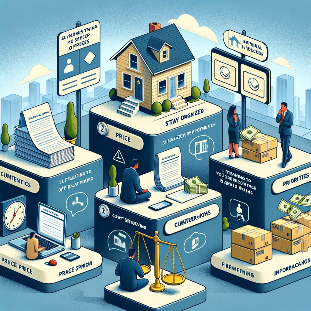 Illustration of managing multiple home sale offers: A house atop blocks labeled "Stay Organized," "Price," "Priorities." Figures manage paperwork, finances, and negotiations, symbolizing offer evaluation, communication, counteroffers, consulting agents, and informed decision-making.