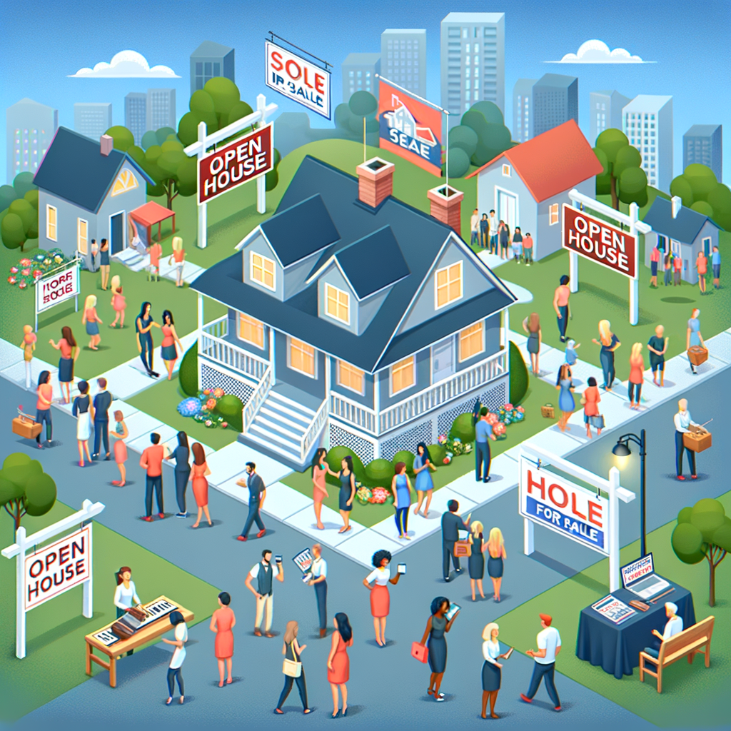 Illustration of a bustling neighborhood scene during open houses. People walk and explore homes for sale, surrounded by visible "Open House" and "For Sale" signs. The vibrant setting suggests community events boosting the visibility and appeal of the area, aligning with marketing strategies discussed in the article.