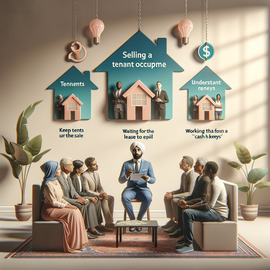 The image illustrates selling a tenant-occupied home, showing strategies like keeping tenants during the sale, waiting for lease expiration, and negotiating "cash for keys." It emphasizes tenant rights, communication, and consulting real estate professionals.