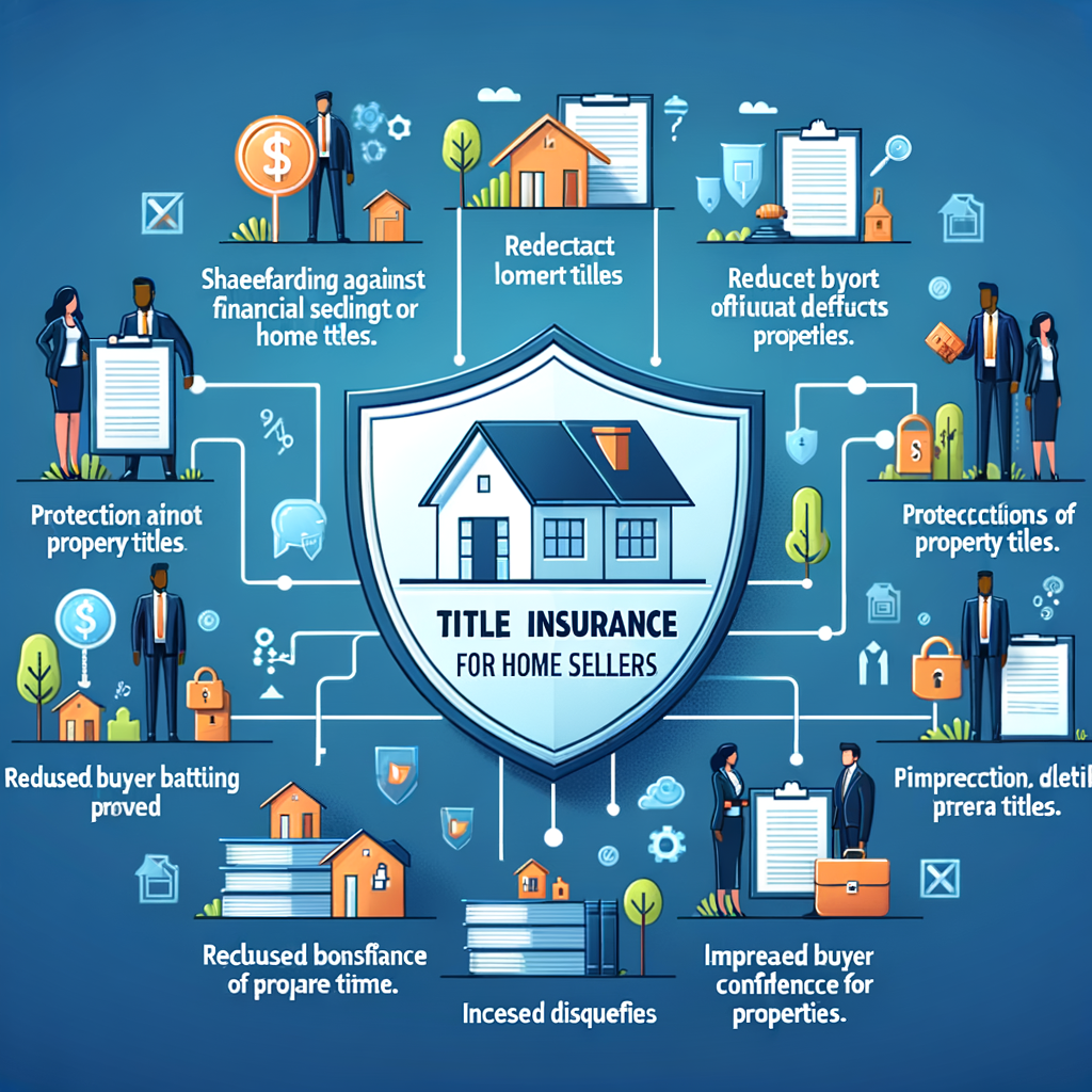 An infographic titled "Title Insurance for Home Sellers" illustrates the benefits of title insurance, including protection against financial loss from property title defects, reduced buyer disputes, increased buyer confidence, and enhanced property marketability.