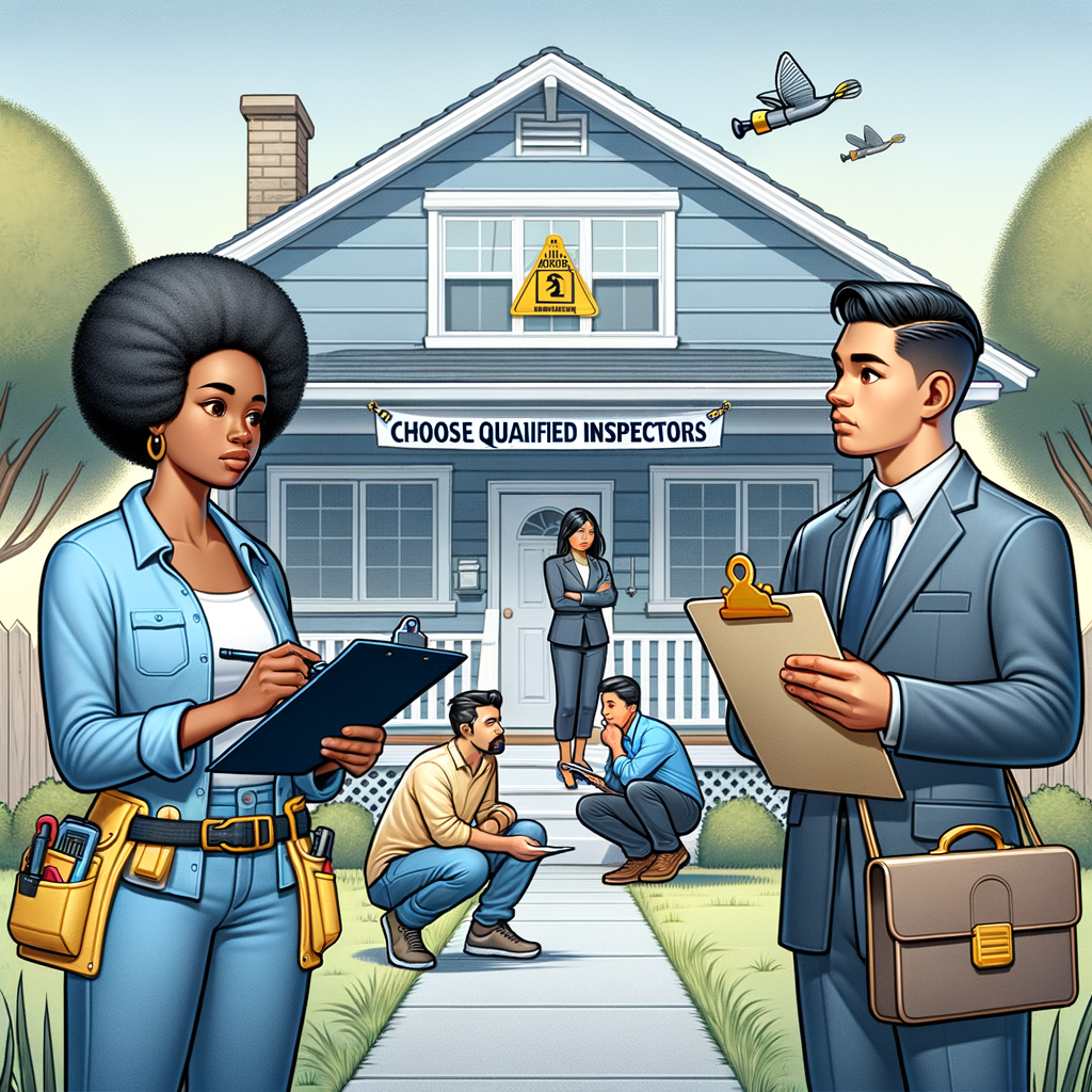 Illustration of inspectors examining a house with a "Choose Qualified Inspectors" banner. A man in a suit holds a clipboard while a woman with tools observes. Another inspector kneels down, talking to a seated individual, with a person observing from the porch. The scene highlights the importance of skilled inspectors in real estate.