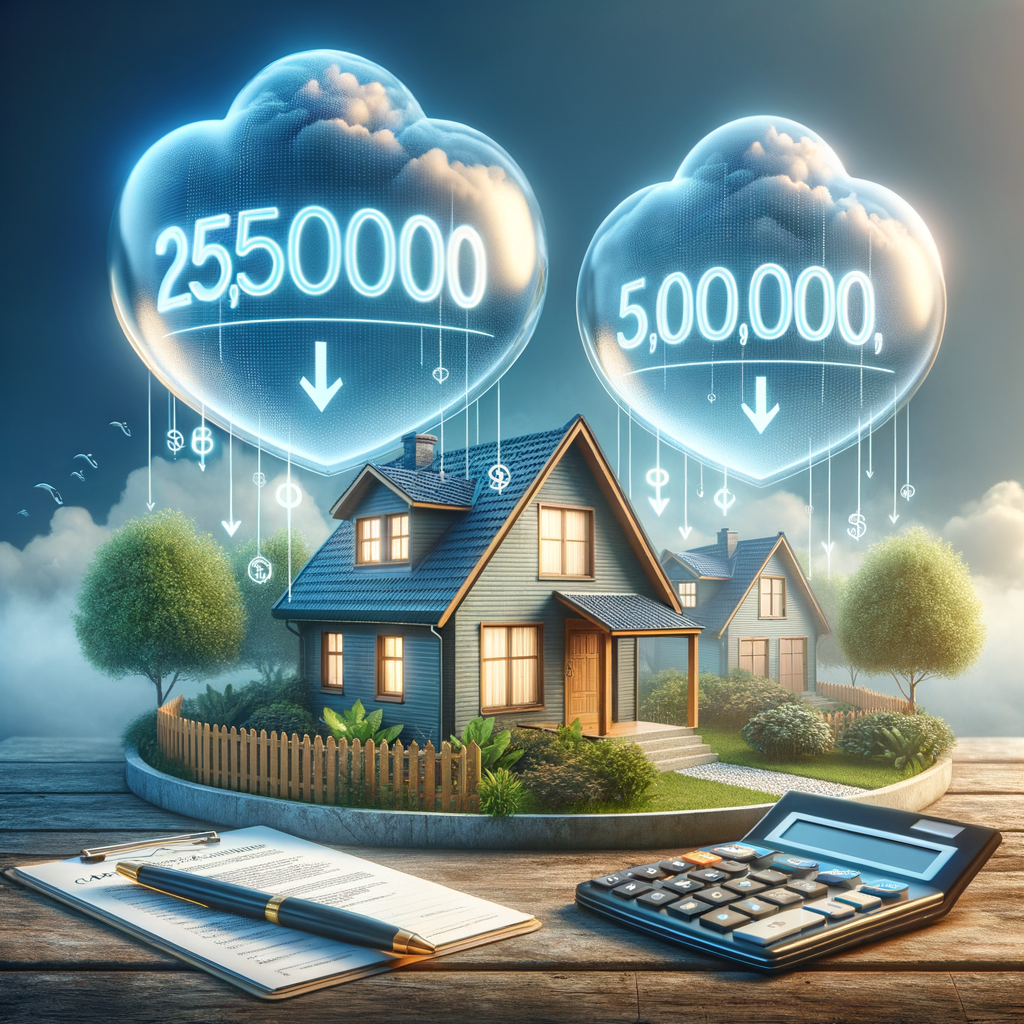 Alt Text: A home model with floating clouds displaying "$250,000" and "$500,000" above it, representing capital gains tax exclusions for single and married filers. A contract and calculator are in the foreground, symbolizing financial calculations and tax considerations.