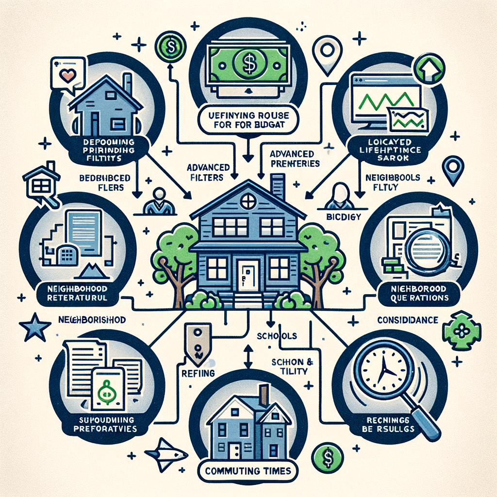 Illustration of effective home search tips, featuring a house at the center. Surrounding elements highlight priorities like budget, advanced filters, lifestyle needs, commuting times, neighborhoods, schools, and amenities to streamline searches and find the right property.