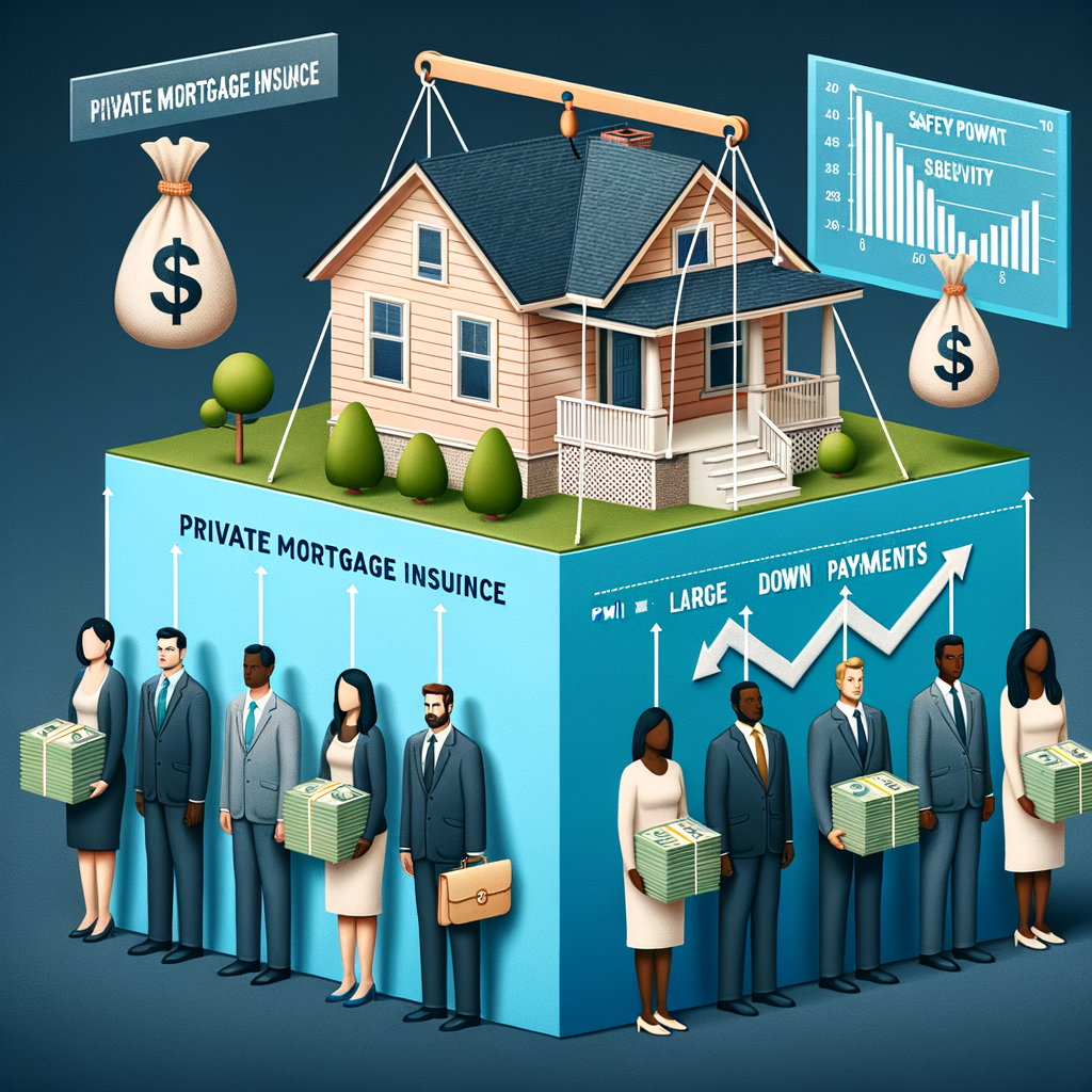 An illustration of a house on a cube labeled "Private Mortgage Insurance" shows diverse people holding money. A graph displays how PMI relates to large down payments, indicated by arrows. A scale balancing a money bag symbolizes financial dynamics in homeownership with lower upfront costs.