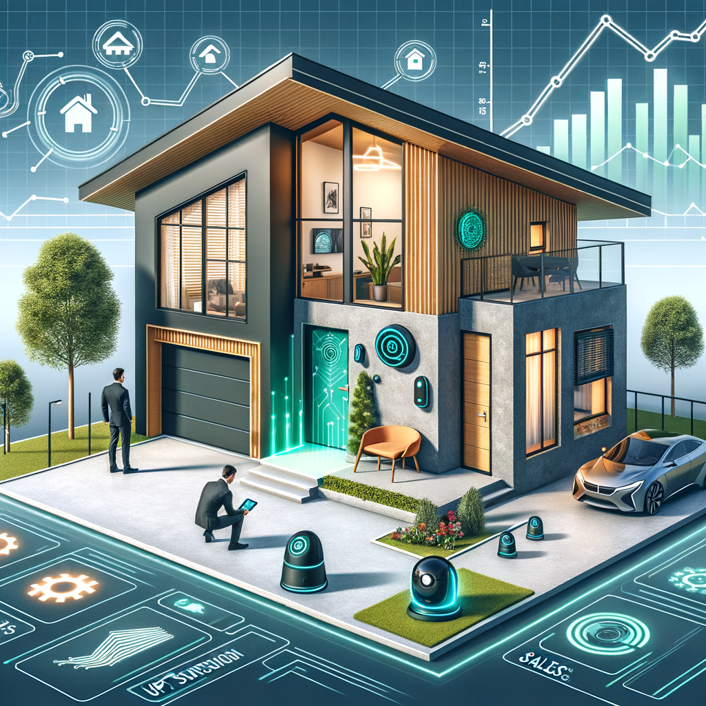 Illustration of a modern smart home with tech-enhanced features like automated systems, security gadgets, and eco-friendly elements. Two people are using devices to control and monitor the house, symbolizing home automation's impact on property value, efficiency, and sustainability.