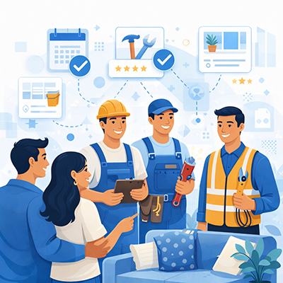 Corporate Memphis-style illustration of homeowners meeting with home service professionals, with floating icons for scheduling, ratings, tools, and verified service listings.