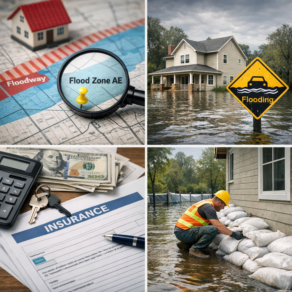 Collage showing: a flood zone map with a magnifying glass, a flooded house with a warning sign, insurance documents with money and keys, and a worker placing sandbags. Highlights the importance of understanding flood zones, insurance, and prevention when buying a home.