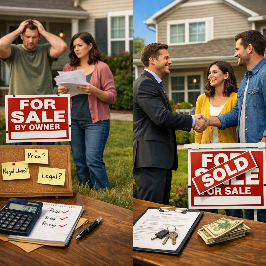 Side-by-side images: left shows a frustrated couple struggling with "For Sale By Owner" challenges like pricing, legal details, and negotiations; right shows the happy couple with a real estate agent after selling their home quickly and for a higher price.