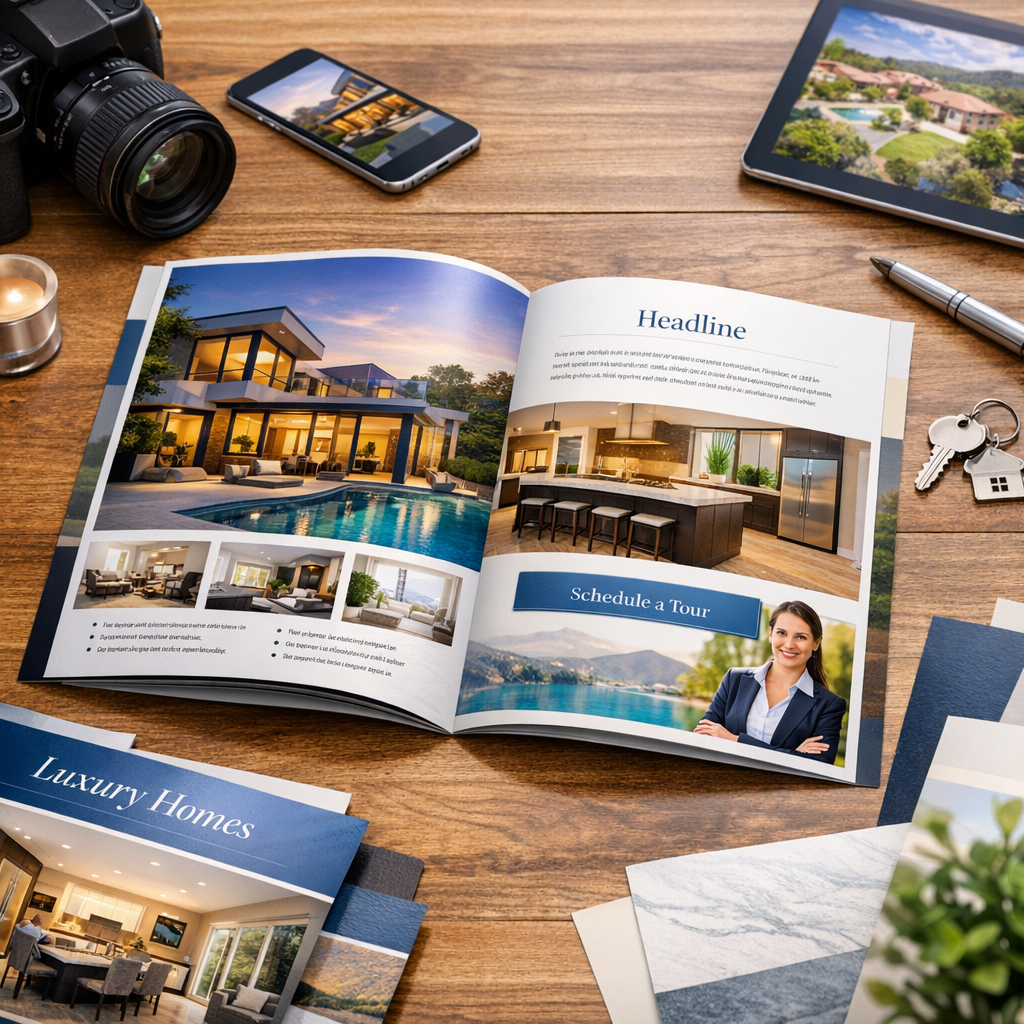 Alt Text: A real estate brochure lies open on a wooden desk, showcasing high-quality images of a modern home, interior views, and professional design elements. Nearby are marketing materials, a camera, a smartphone with a house image, keys, and a pen, emphasizing polished presentation.
