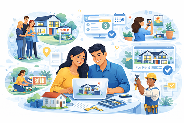 Corporate Memphis-style horizontal illustration showing a Hispanic couple reviewing property information at a laptop, a white family by a sold home, a Black construction worker, and an Asian home services professional within a modern real estate platform scene.