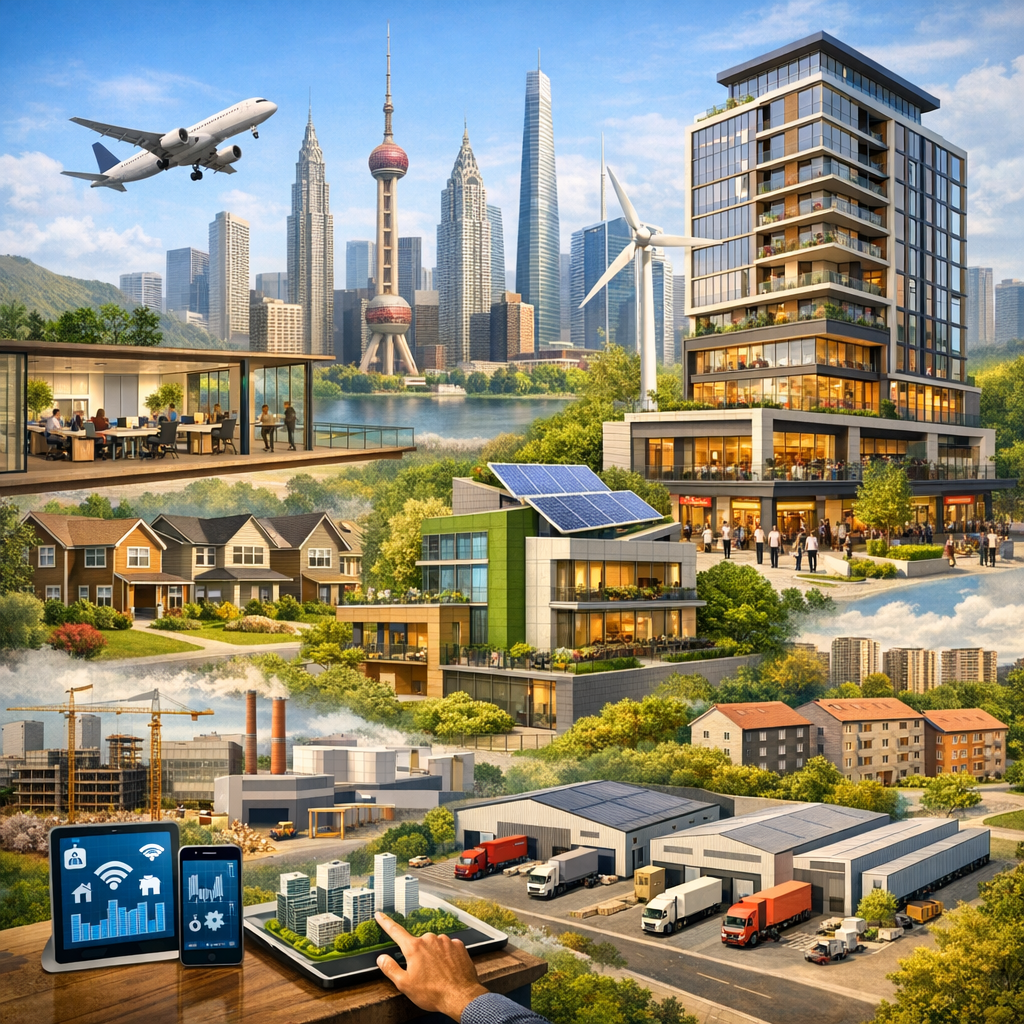 Illustration showcasing real estate trends: urban skylines, sustainable buildings with solar panels, mixed-use spaces, suburban homes, industrial facilities, and technology interfaces, symbolizing growth in secondary markets, PropTech, flexible offices, affordable housing, and global diversity.