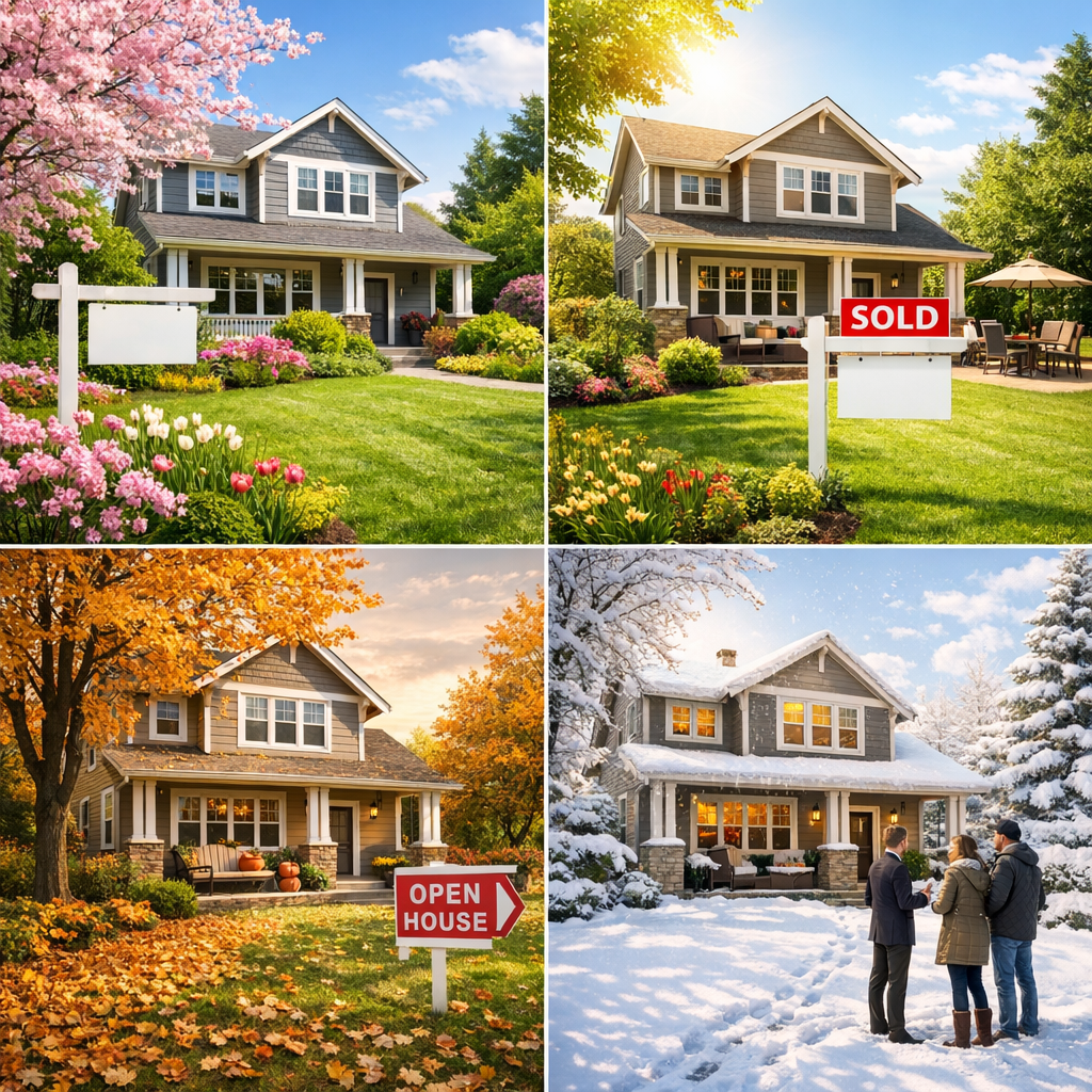 A collage of a house in four seasons: spring with flowers and a "for sale" sign, summer with a "sold" sign, autumn with fallen leaves and an "open house" sign, and winter with snow and buyers outside. Represents how seasons impact real estate sales.