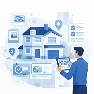 Corporate Memphis-style illustration of a homeowner using a tablet to list a modern house online, surrounded by real estate interface icons like checklists, photos, pricing, and location markers.