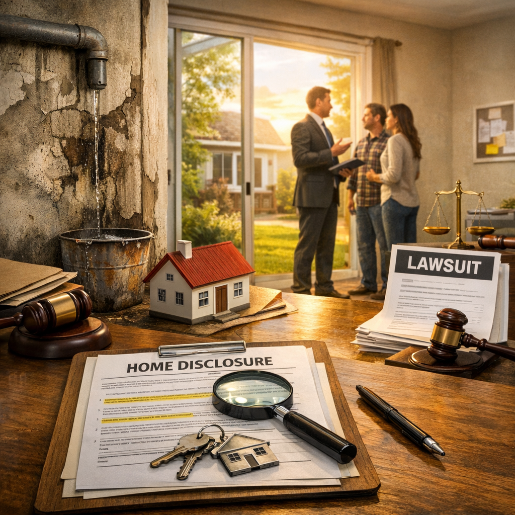 An image depicting real estate seller disclosures: a "Home Disclosure" form with a magnifying glass and keys, a small house model, leaking pipe, and "Lawsuit" papers in focus, showing the importance of revealing property issues to ensure transparency during transactions.