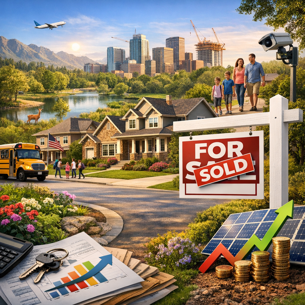 Alt Text: A vibrant neighborhood scene showing houses, a "For Sale" sign marked "Sold," a family walking, a school bus, city skyscrapers, and images of solar panels, coins, and growth charts. Depicts factors like safety, schools, economy, and real estate trends affecting home sales.