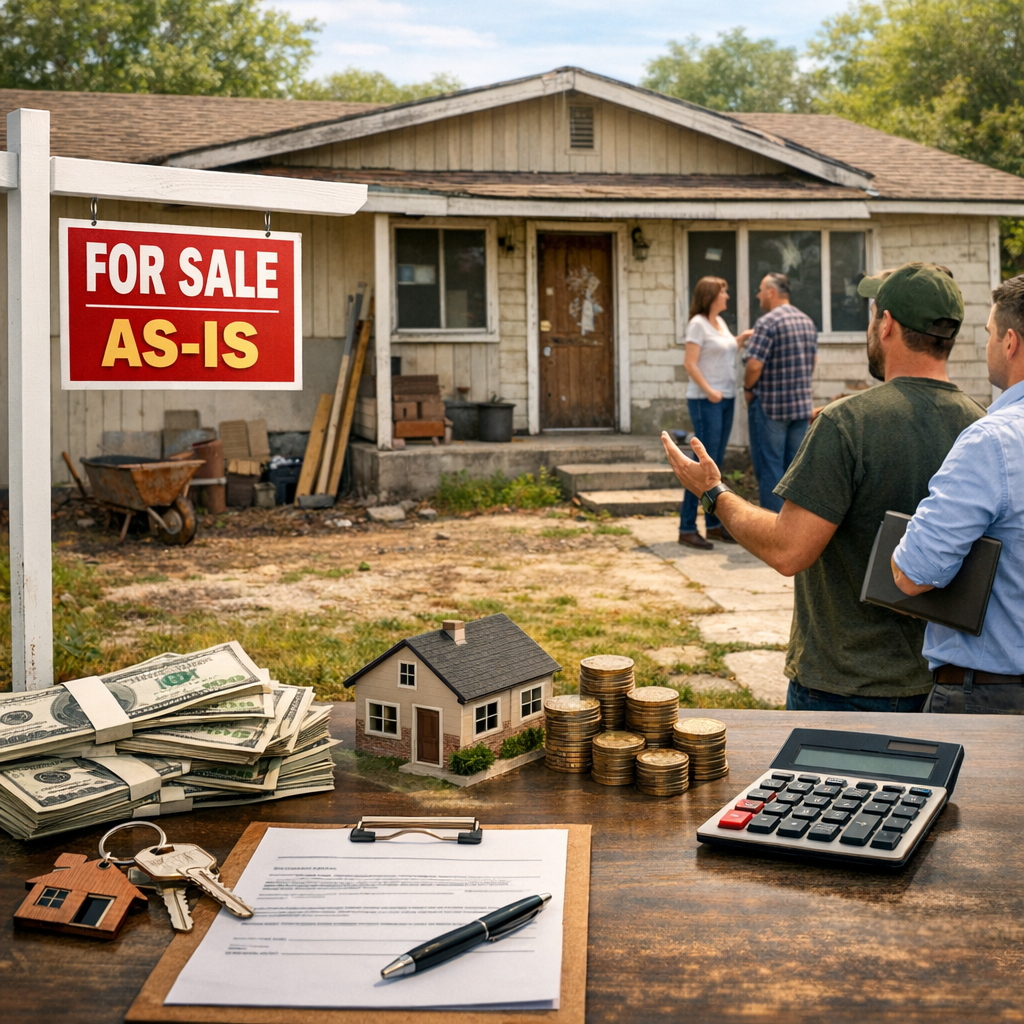 Alt Text: A worn-down house with a "For Sale As-Is" sign in front. In the foreground, a table displays cash, coins, house keys, a model house, a contract, a pen, and a calculator. In the background, people converse near the house.