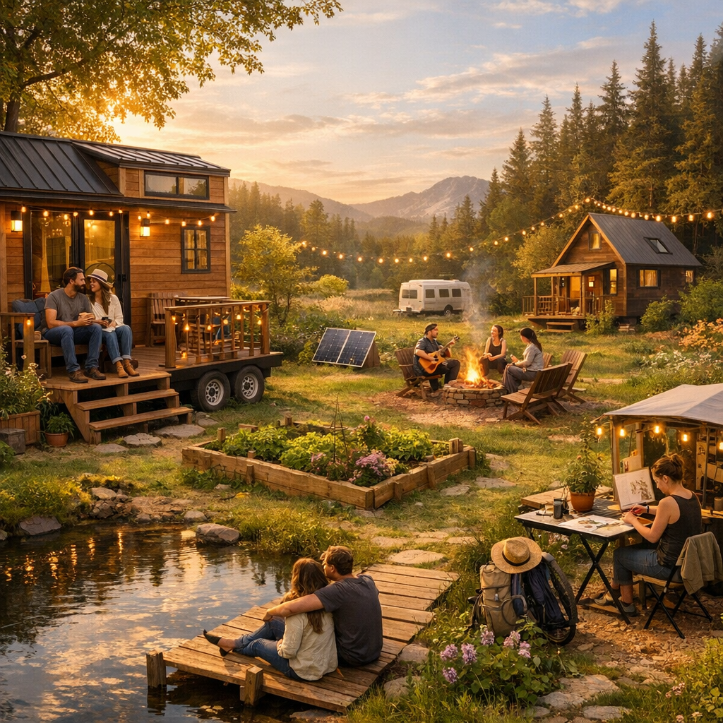 A vibrant tiny home community surrounded by nature with several small houses. People enjoy various activities: a couple sits on porch steps, another couple relaxes by a pond, and a group gathers around a campfire. A woman sketches at a table. Solar panels and string lights add to the sustainable atmosphere.
