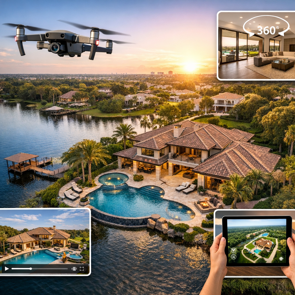 A luxury lakeside home showcased using drone-captured aerial views, high-resolution images, 360-degree room tours, and interactive tools on a tablet, enhancing property marketing and engagement.