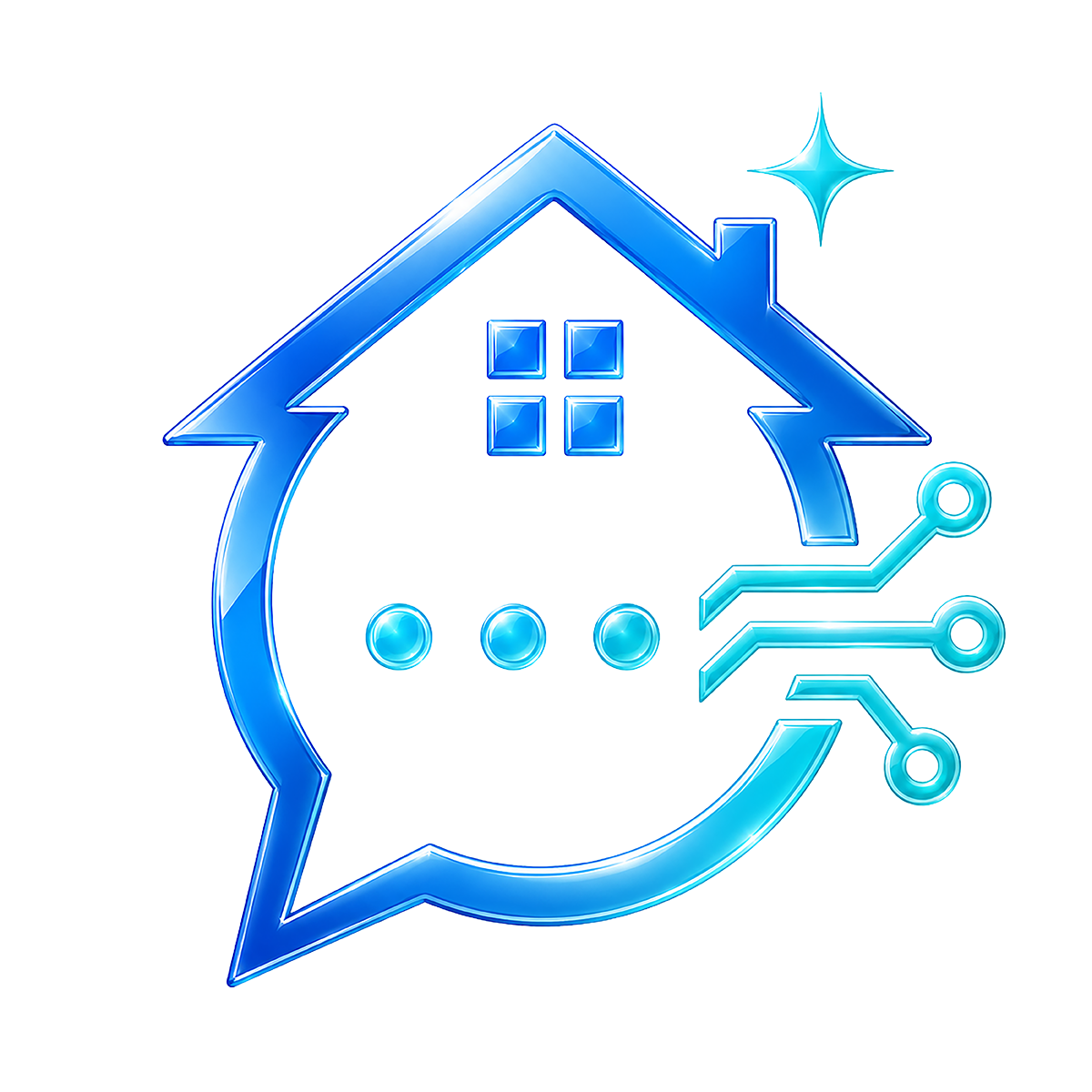Glossy blue and teal My-REBO chatbot icon combining a house, chat bubble, and circuit lines to represent an AI real estate assistant.