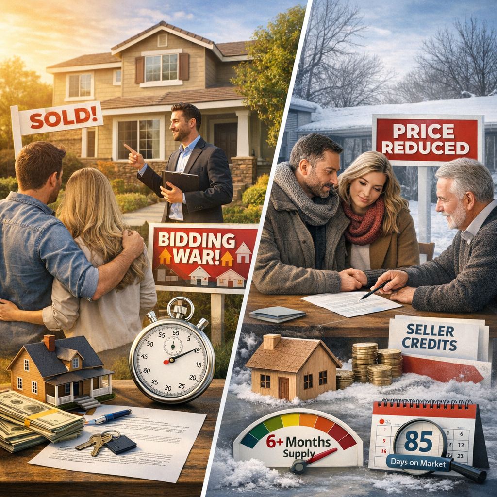 In a split image, the left shows a lively housing market with a "Sold" sign and happy couple facing an agent, highlighting speed and competitive offers. The right depicts a colder market with "Price Reduced" sign, showcasing negotiation opportunities for discounts and seller credits. Metrics like months of supply and days on market are displayed.