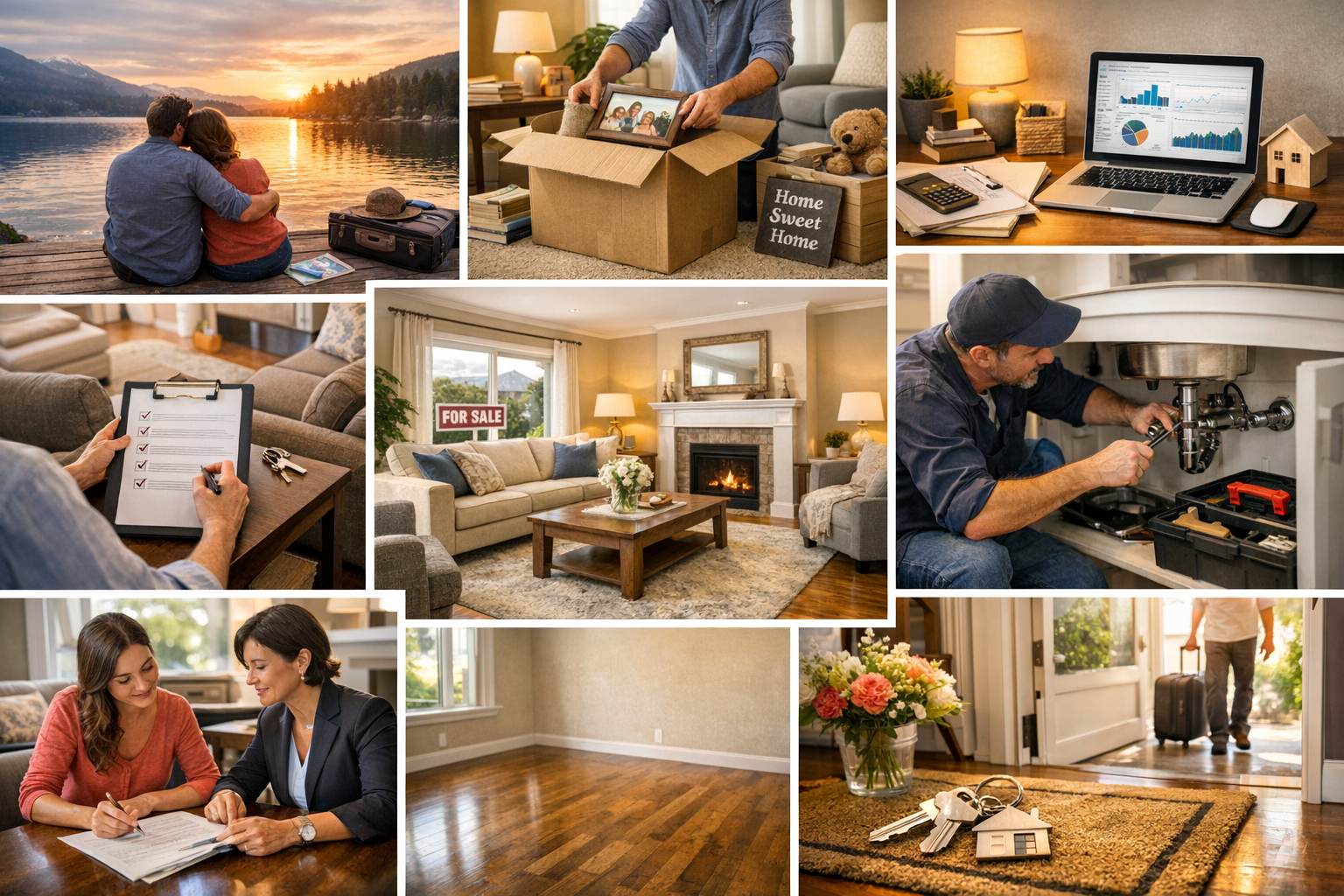 A collage depicting moments in the home-selling journey: packing boxes, enjoying a lakeside sunset, staging a cozy living room, signing paperwork, setting a "For Sale" sign, completing plumbing repairs, and leaving the house with keys on a mat by the door.