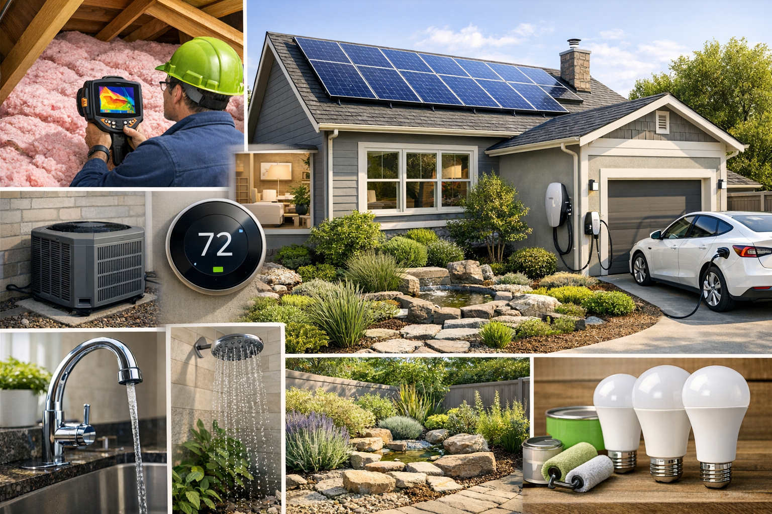 Collage of eco-friendly home upgrades: energy audit, attic insulation, smart thermostat, efficient HVAC, LED bulbs, solar panels, EV charger, water-saving fixtures, and low-VOC paints. Lush landscaping highlights sustainable practices to reduce bills and attract buyers.