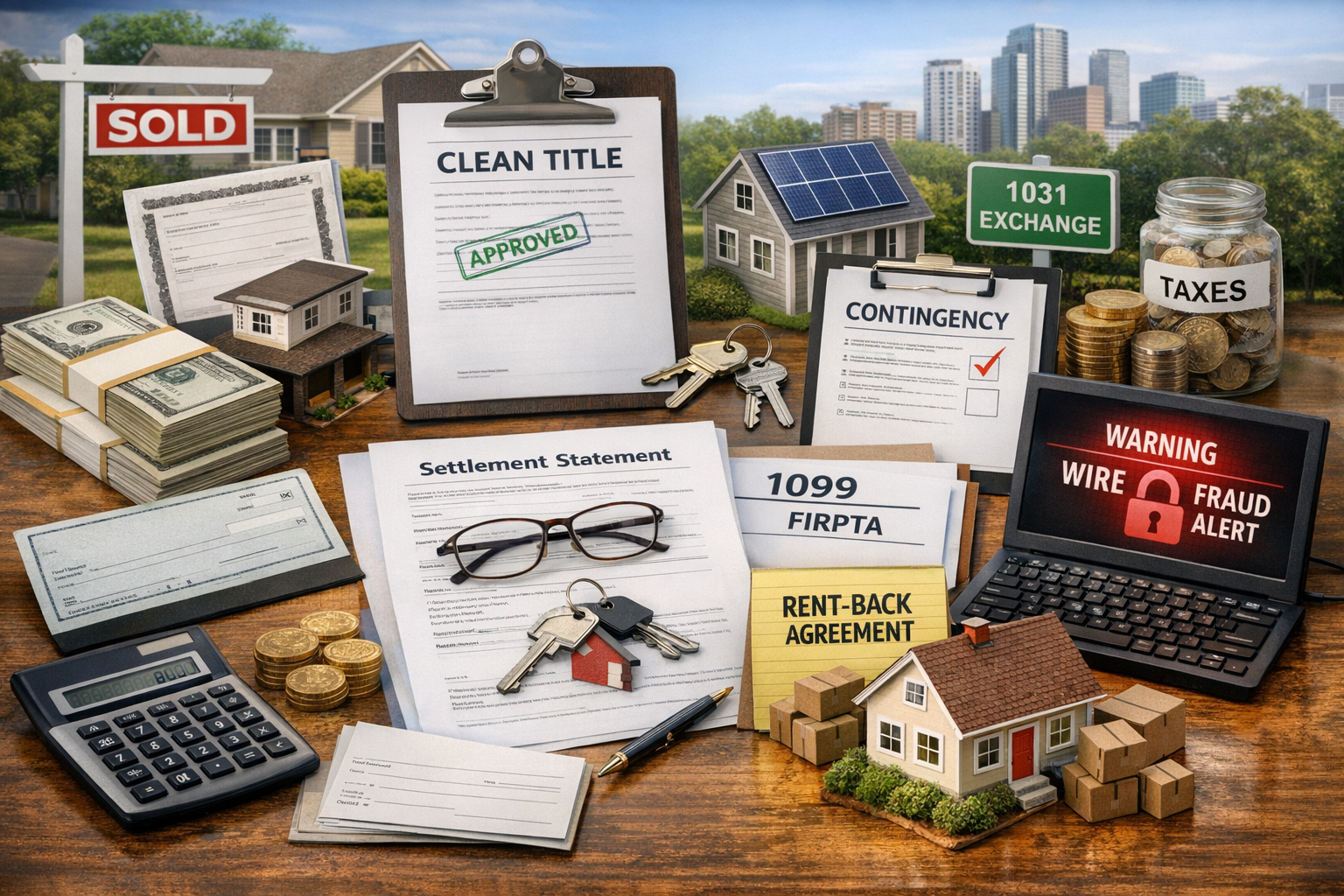 Alt Text: A desktop scene with documents such as Clean Title, Settlement Statement, Contingency, and 1099 FIRPTA, along with a laptop warning of wire fraud. Includes keys, money, a miniature house, calculator, and visuals of tax, 1031 exchange, and rent-back items, symbolizing the escrow process.
