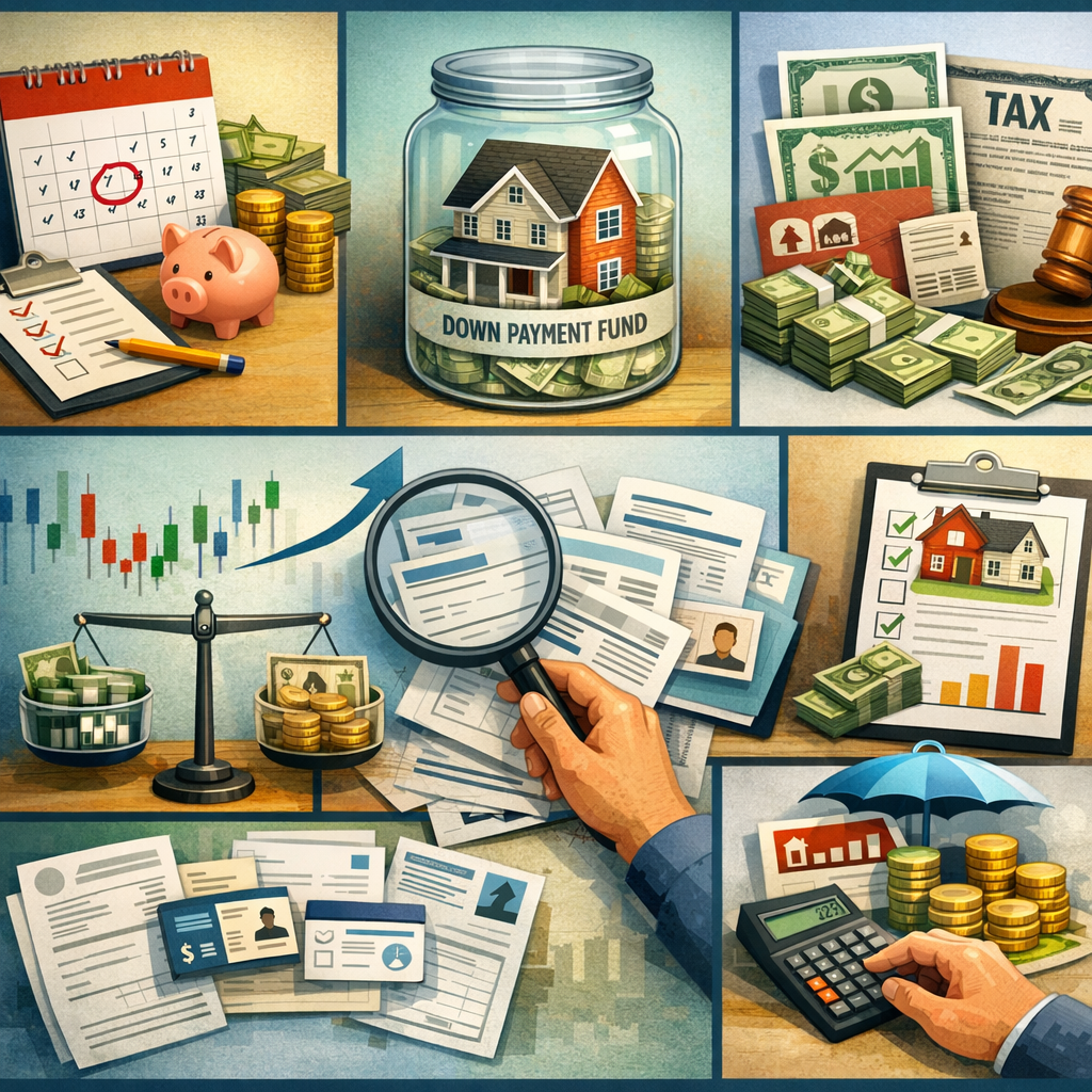 Alt text: Illustration depicting a comprehensive home-buying asset guide. Features include a timeline calendar, a piggy bank, a jar labeled "Down Payment Fund" with a house inside, stacks of cash, tax documents, financial scales, charts, and a magnifying glass inspecting paperwork.