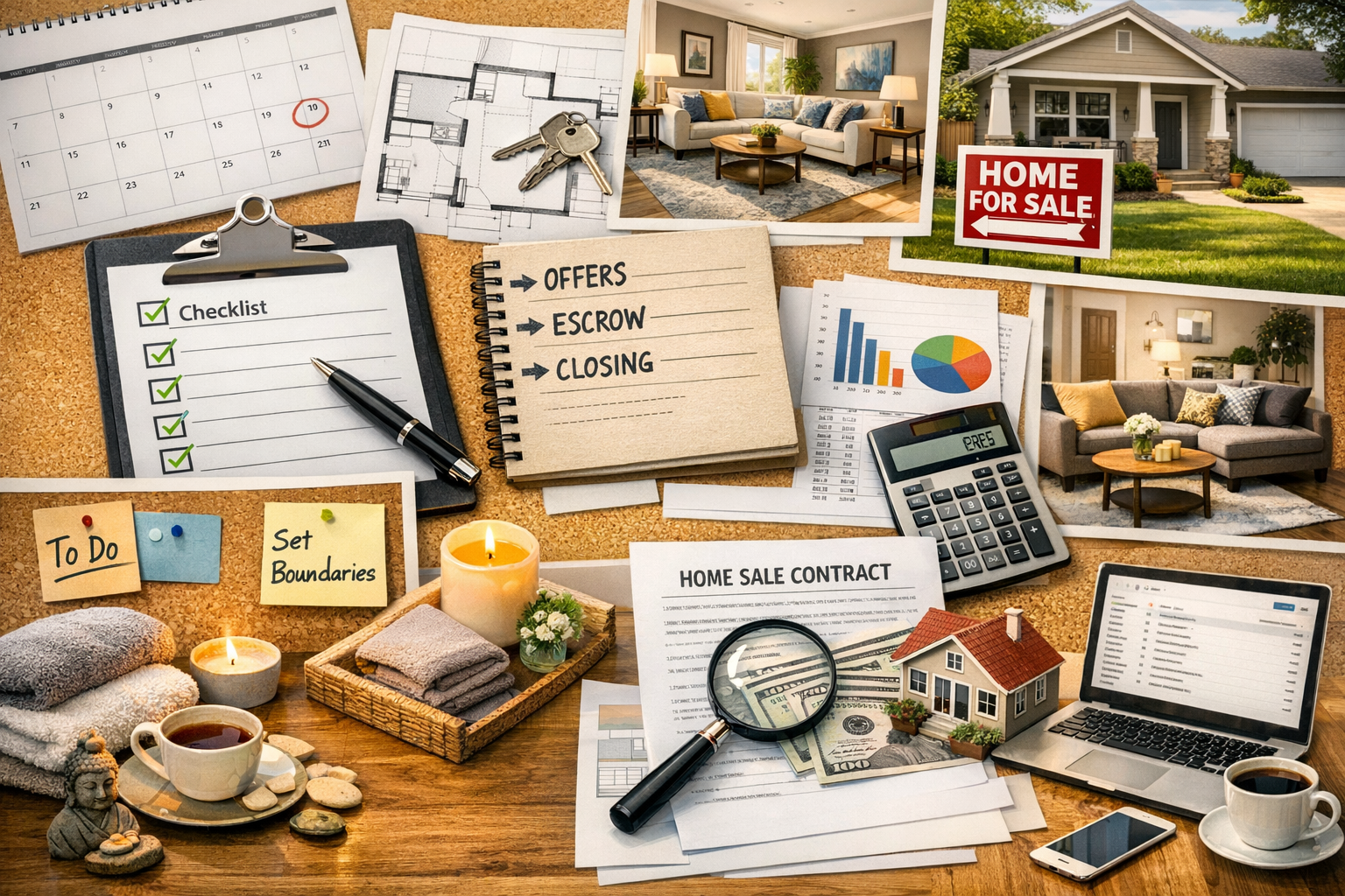 A vision board-style collage representing stress-free home-selling tips: calendars, checklists, home staging photos, financial charts, a “Home For Sale” sign, and relaxation items like candles and tea, emphasizing planning, organization, and self-care for a successful sale.