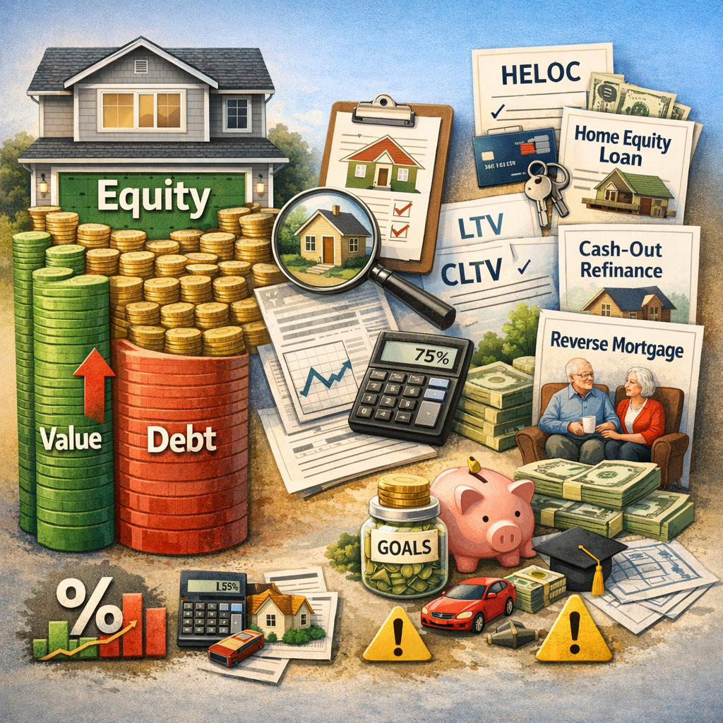Alt text: Illustration of home equity concepts with a house, stacked coins labeled "Value" and "Debt," and financial documents like LTV, CLTV, and options such as HELOC, home equity loan, cash-out refinance, and reverse mortgage. Includes graphics of charts, calculator, piggy bank, keys, and symbols for goals and risks.