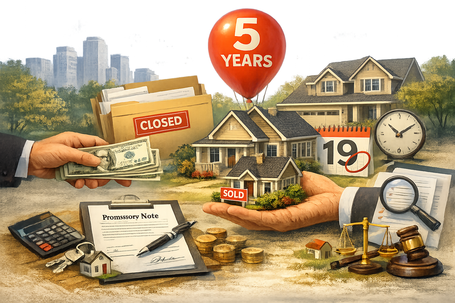 Illustration of owner financing: A house marked "SOLD," hands exchanging money, a contract labeled "Promissory Note," a calendar with "19" circled, a "5 Years" balloon, legal and financial symbols, and a folder marked "CLOSED," representing a quick, compliant real estate transaction.