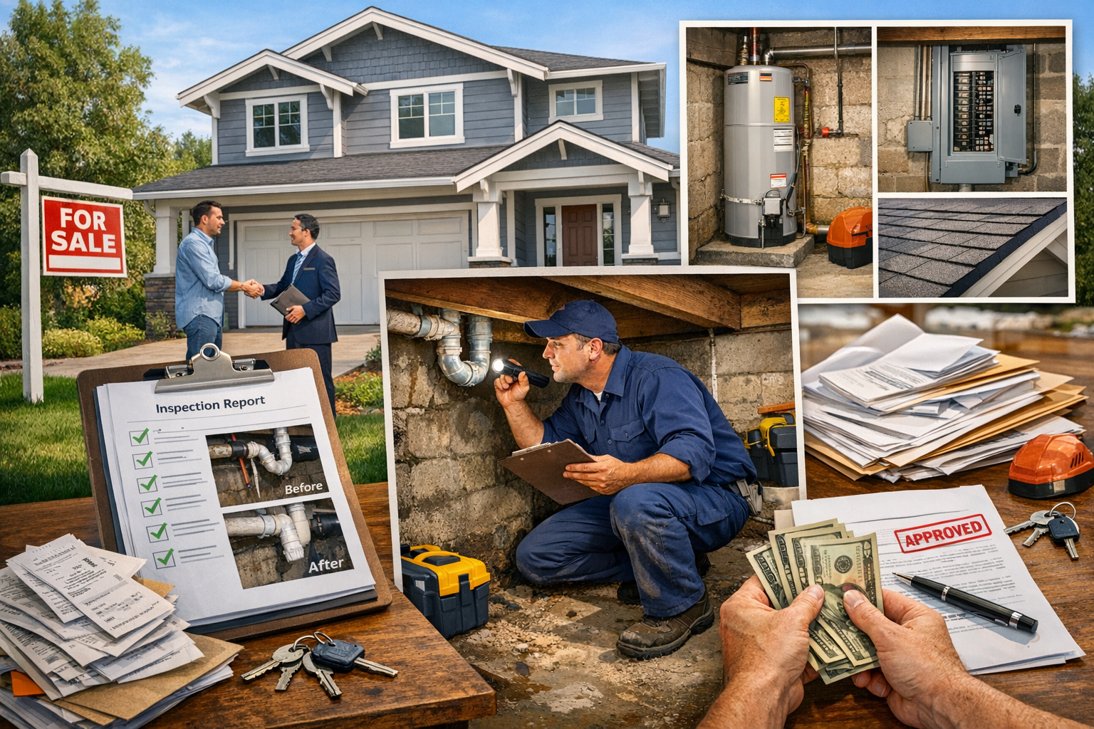 Collage of home-selling process: a "For Sale" house sign, sellers shaking hands, an inspector examining a home, repair invoices, an inspection report, keys, a photo of a water heater, electrical panel, roof, and cash alongside an “Approved” document.