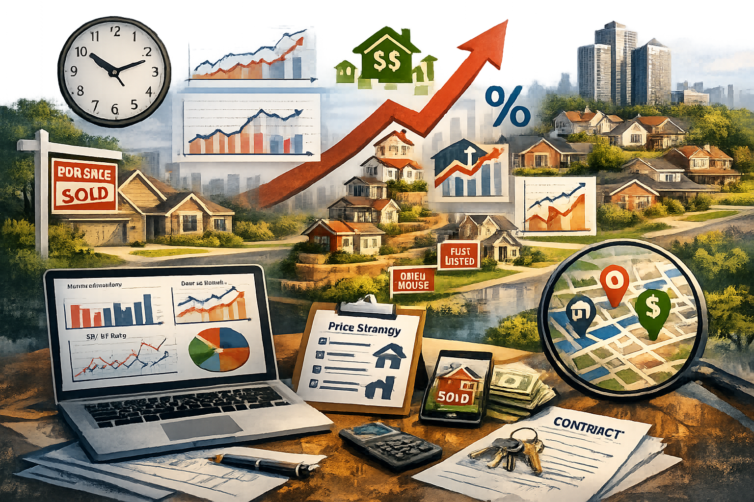 Illustration of hyperlocal real estate data, featuring charts, graphs, a rising arrow, houses, a map with location pins, and tools like a laptop, phone, and keys. Highlights pricing strategies, market trends, and agent tools to optimize sales timing and maximize value.