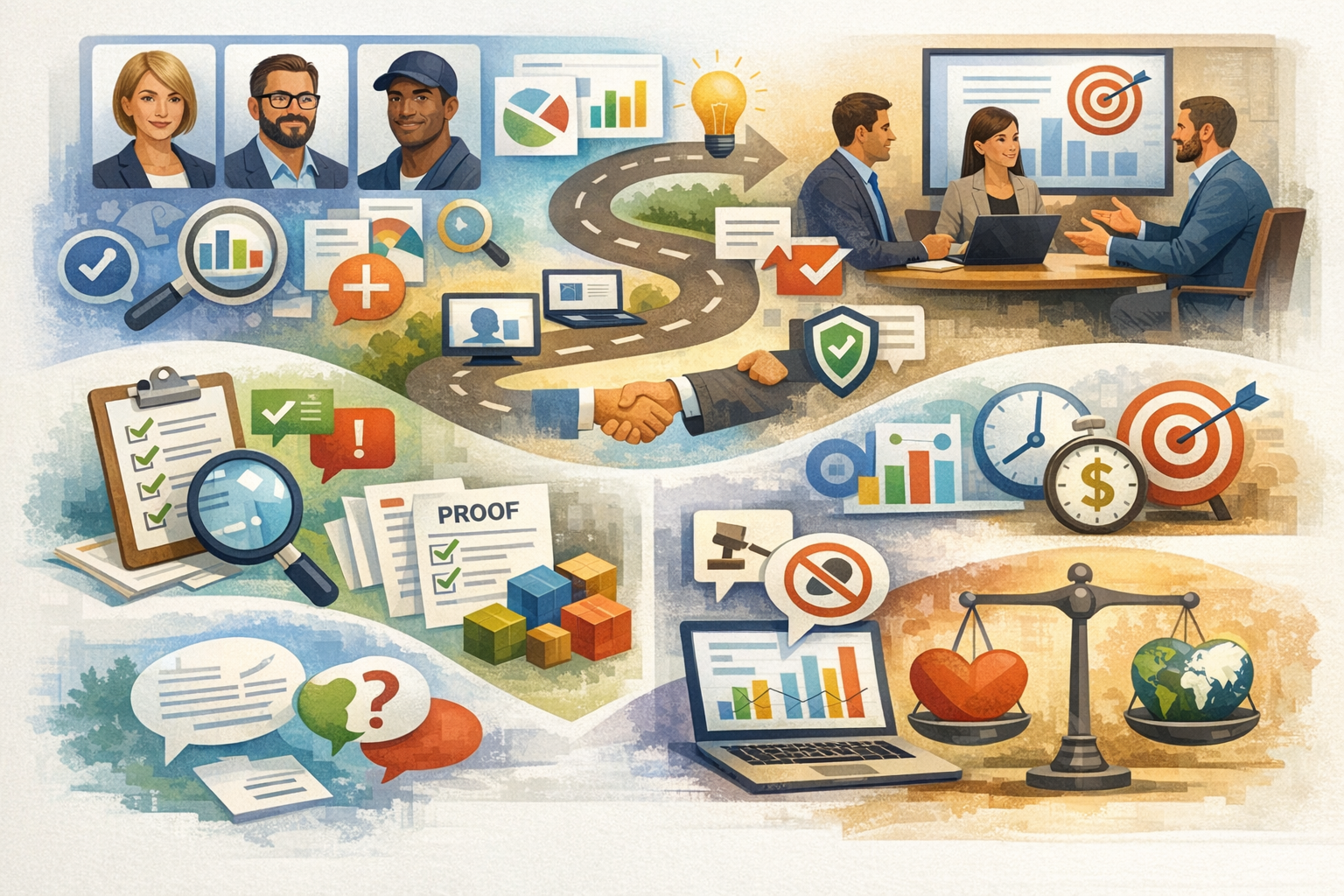 Illustration of a sales strategy process: defining buyer personas, analyzing data, validating strategies, mapping buyer journeys, handling objections, and tailoring messages. Visuals include charts, checklists, conversations, a handshake, clock, and scales balancing ethics and impact.
