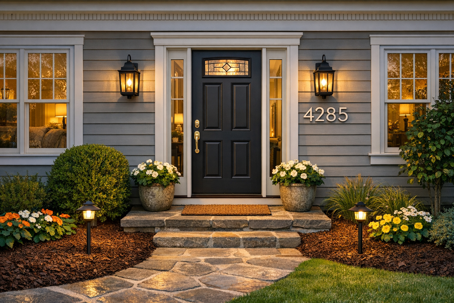 A welcoming home entrance with a black front door, clean windows, modern lighting, house numbers, and vibrant flowers in pots and mulch beds. The stone pathway is well-lit, creating an inviting and tidy curb appeal.