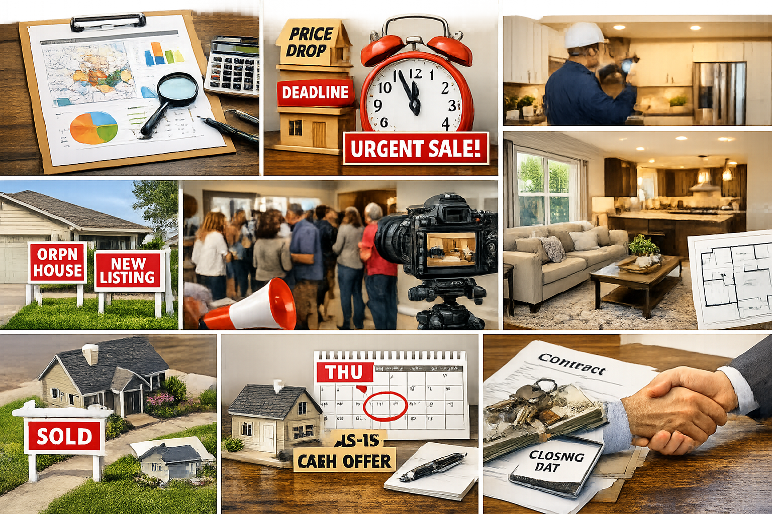 A collage illustrating home-selling tips: market analysis, price drop/urgency, pre-inspection, light staging, pro photos, open houses with crowds, listing on Thursday, as-is/cash offers, and closing deals. Highlights efficient planning for quick, strategic property sales.