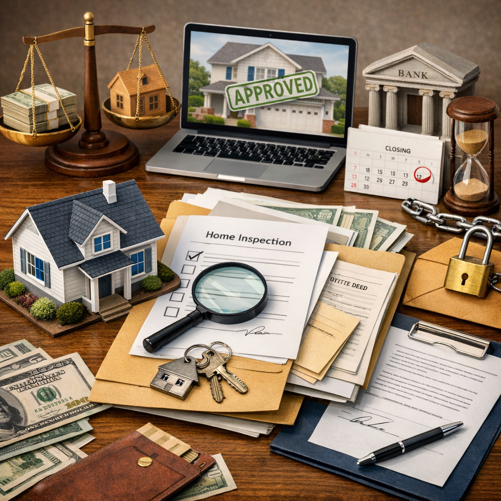 Alt text: A desk with real estate-related items: a house model, a magnifying glass on a home inspection list, folders, keys, money, a wallet, a contract with a pen, a laptop displaying "Approved" over a house image, a scale with a house and money, a bank model, a calendar, and a locked padlock.