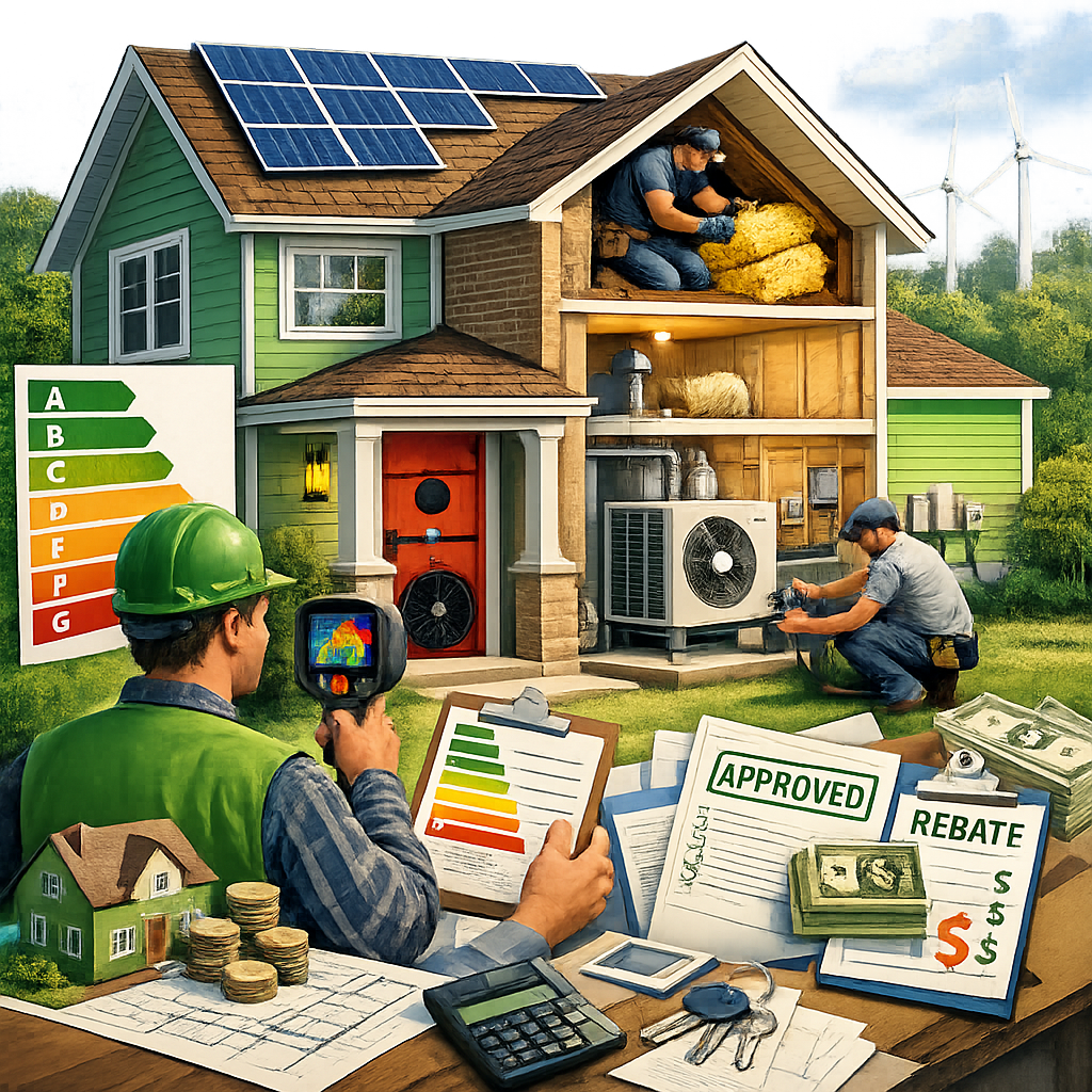 Illustration of an energy-efficient home with solar panels, insulation, and HVAC upgrades. A worker uses a thermal scanner, emphasizing energy assessments. Documents, money, and "Approved" and "Rebate" signs illustrate benefits of green mortgages for sustainable upgrades.