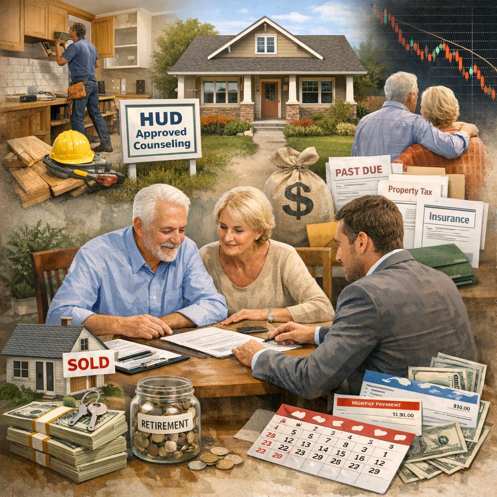 An elderly couple consults with a professional at a table, surrounded by images representing a reverse mortgage: a house, HUD counseling sign, a worker, money, and financial documents. This illustrates the concept of converting home equity into cash for retirement, emphasizing the need for careful consideration and planning.