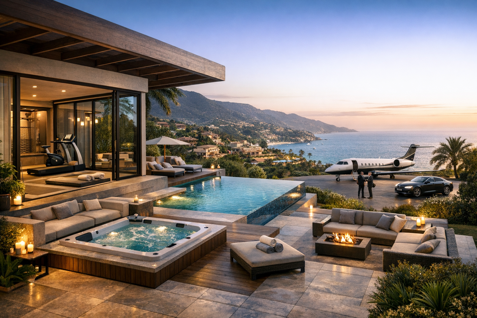 A luxurious, resort-like home with a pool, hot tub, gym, and firepit overlooks the ocean at sunset. A private jet and luxury car are parked nearby, emphasizing privacy, wellness, and exclusivity.
