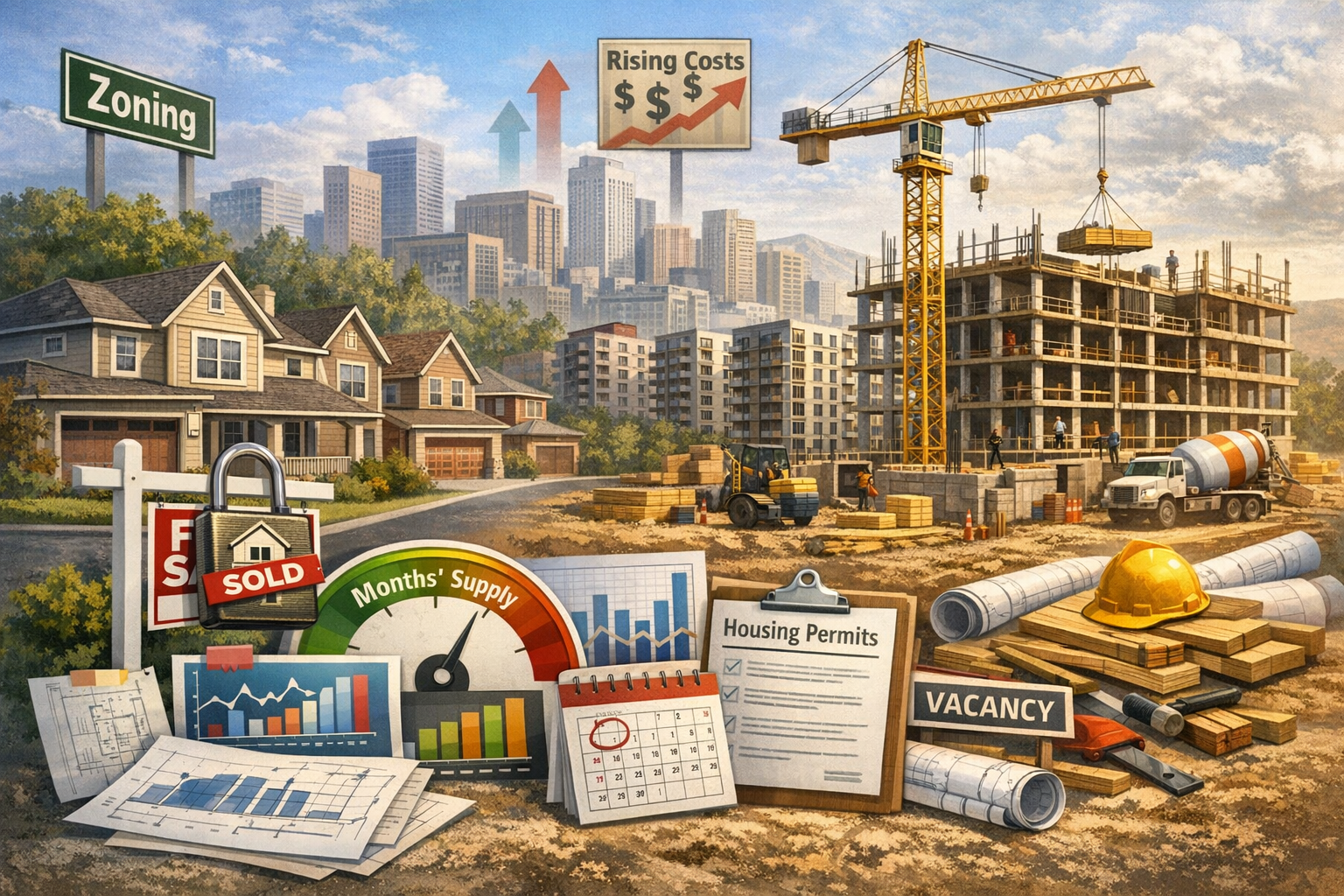 Illustration of housing market dynamics, showing suburban homes with "sold" signs, multifamily construction, vacancy signs, and charts tracking listings, permits, and supply. Highlights challenges like zoning laws, rising costs, and rate lock-ins affecting housing supply and pricing.