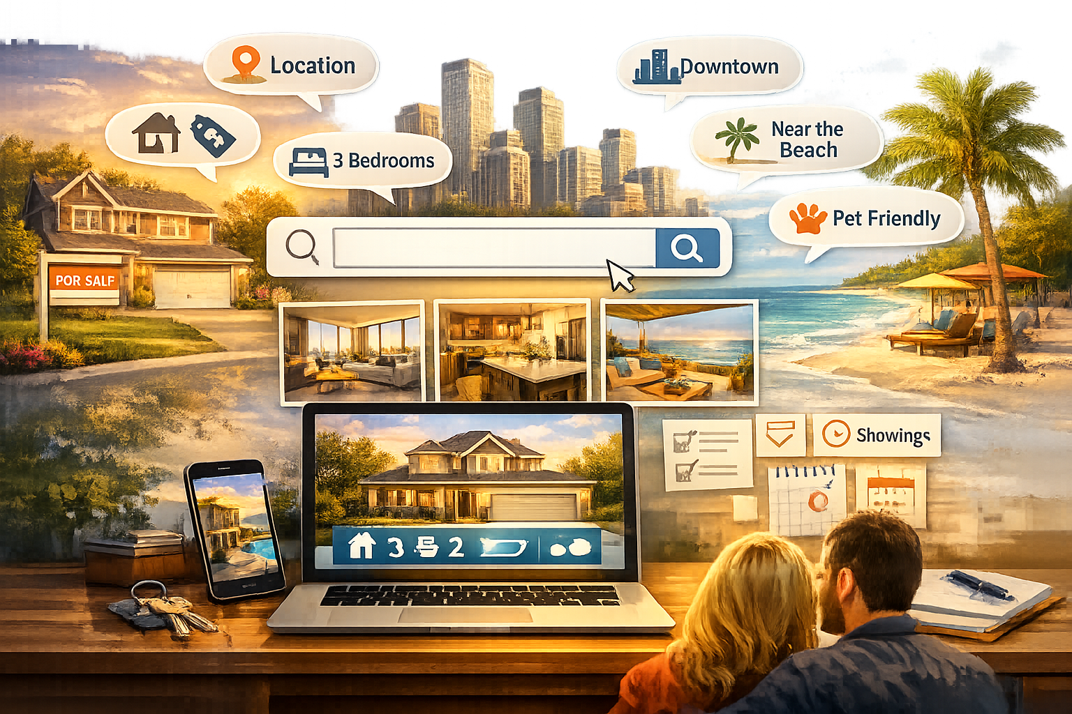 Illustration of a couple viewing an online real estate listing on a laptop, surrounded by search tags like “Location,” “3 Bedrooms,” “Downtown,” “Near the Beach,” and “Pet Friendly,” reflecting the importance of optimizing property listings with targeted keywords for better search visibility.